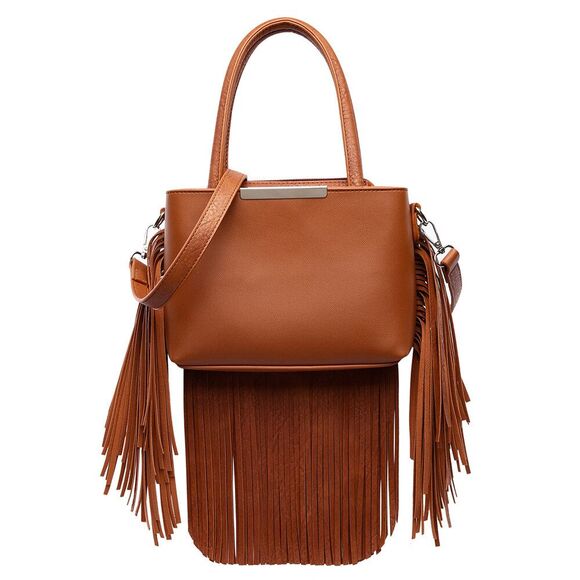 Brown Solid Fringe Medium Satchel Handbag  for Women - Picture 1 of 2